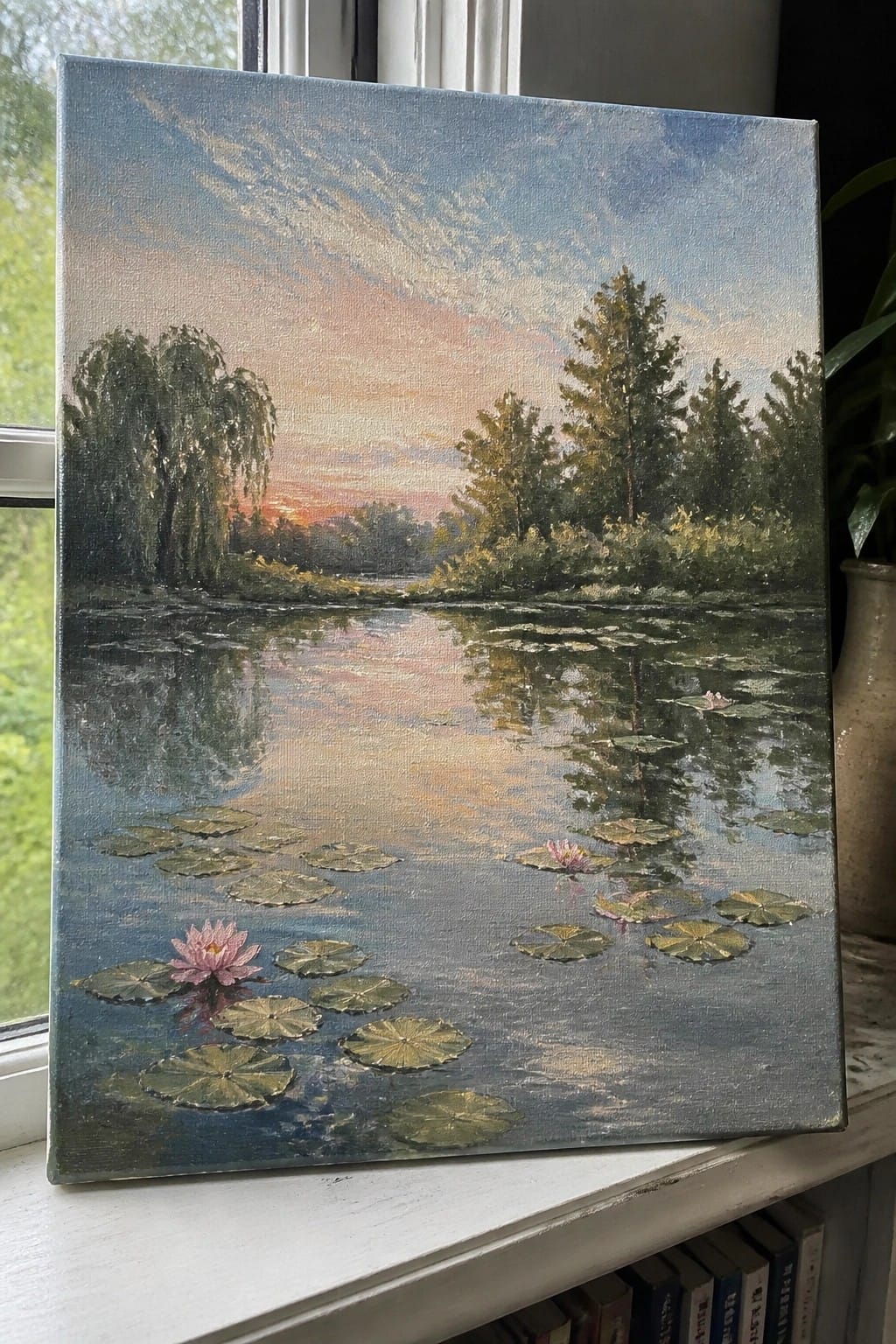 Landscape painting of pink water lilies on a reflective pond at sunset with trees