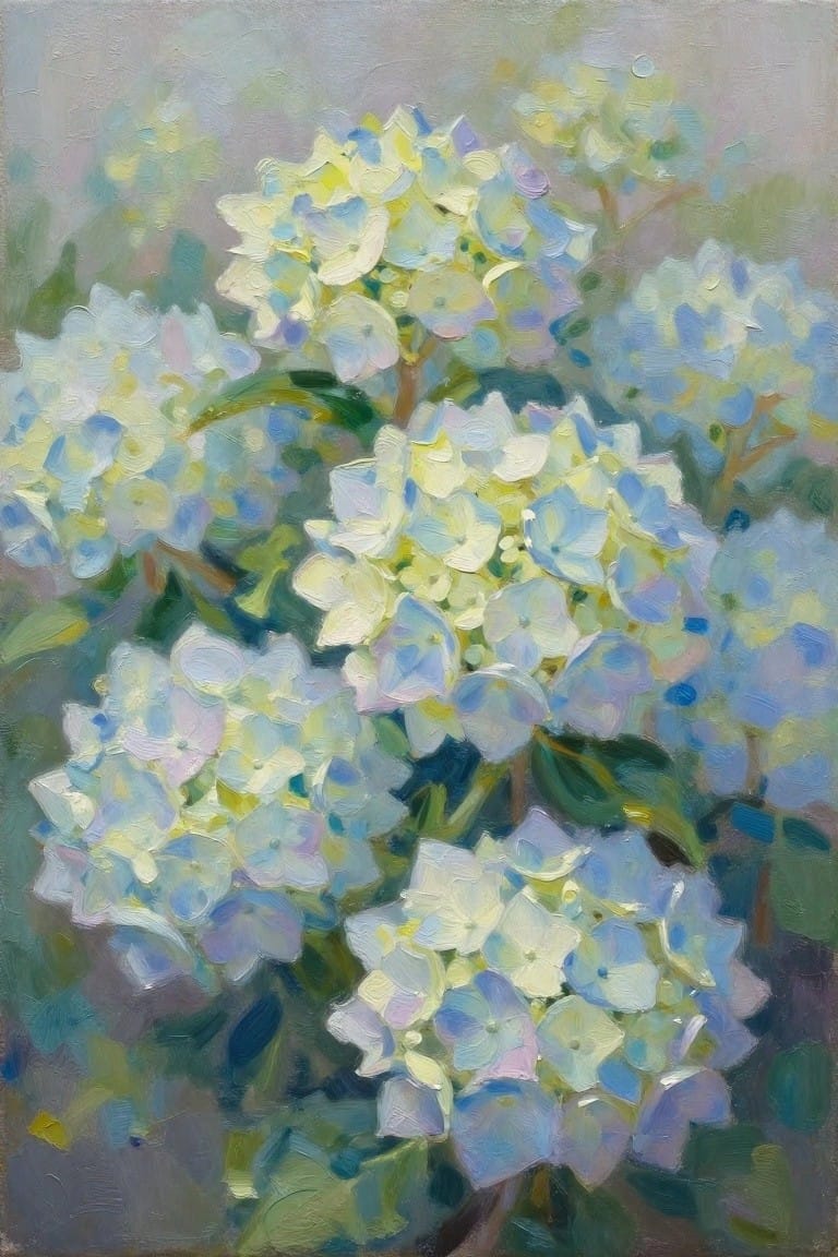 Impressionistic painting of white and blue hydrangea flower clusters with green leaves