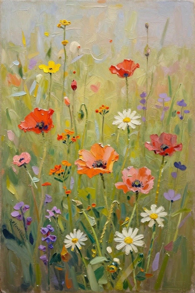 Colorful poppies, daisies, and wildflowers blooming in a lush green meadow, impressionist style.