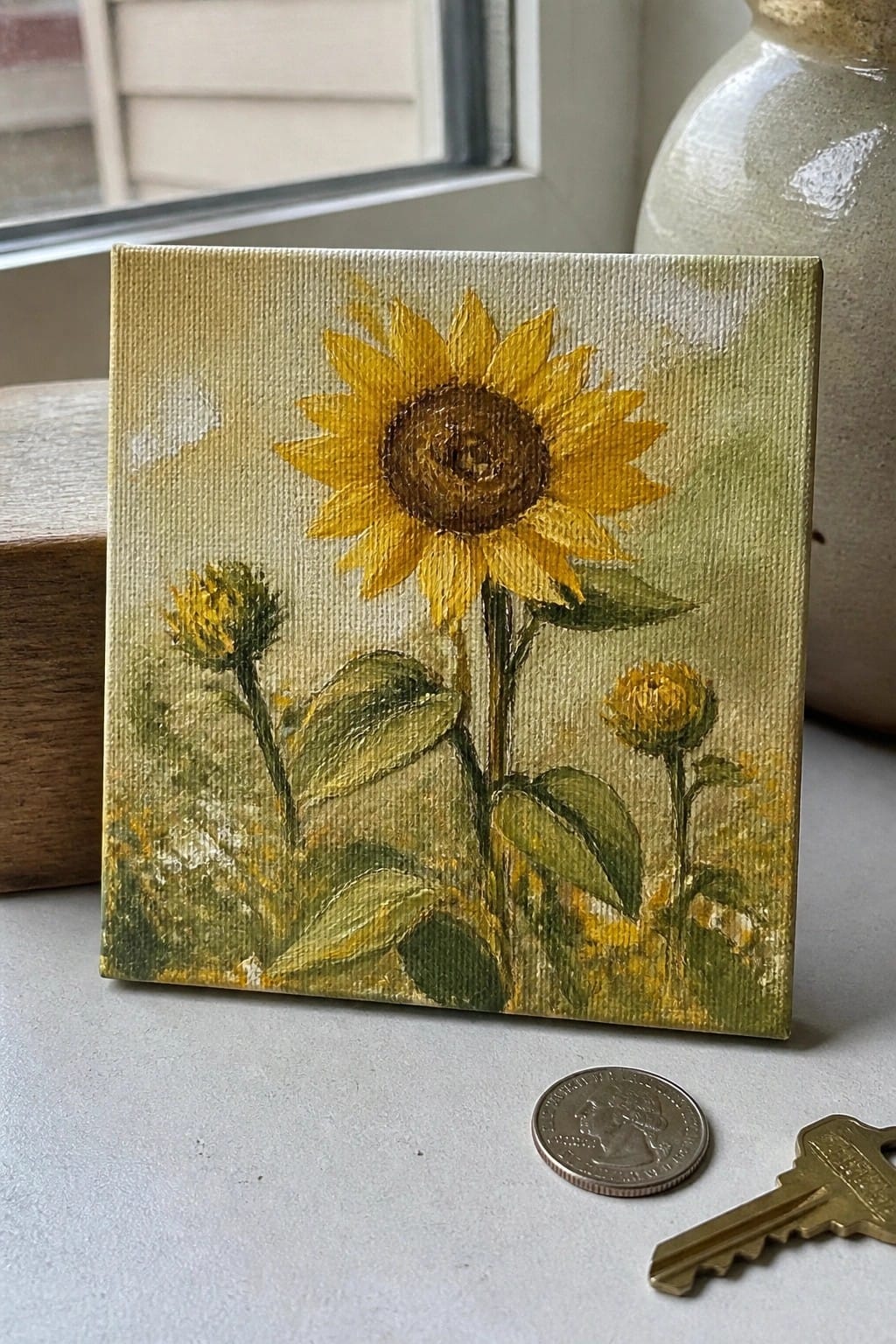 Small sunflower painting on canvas beside quarter coin and brass key.