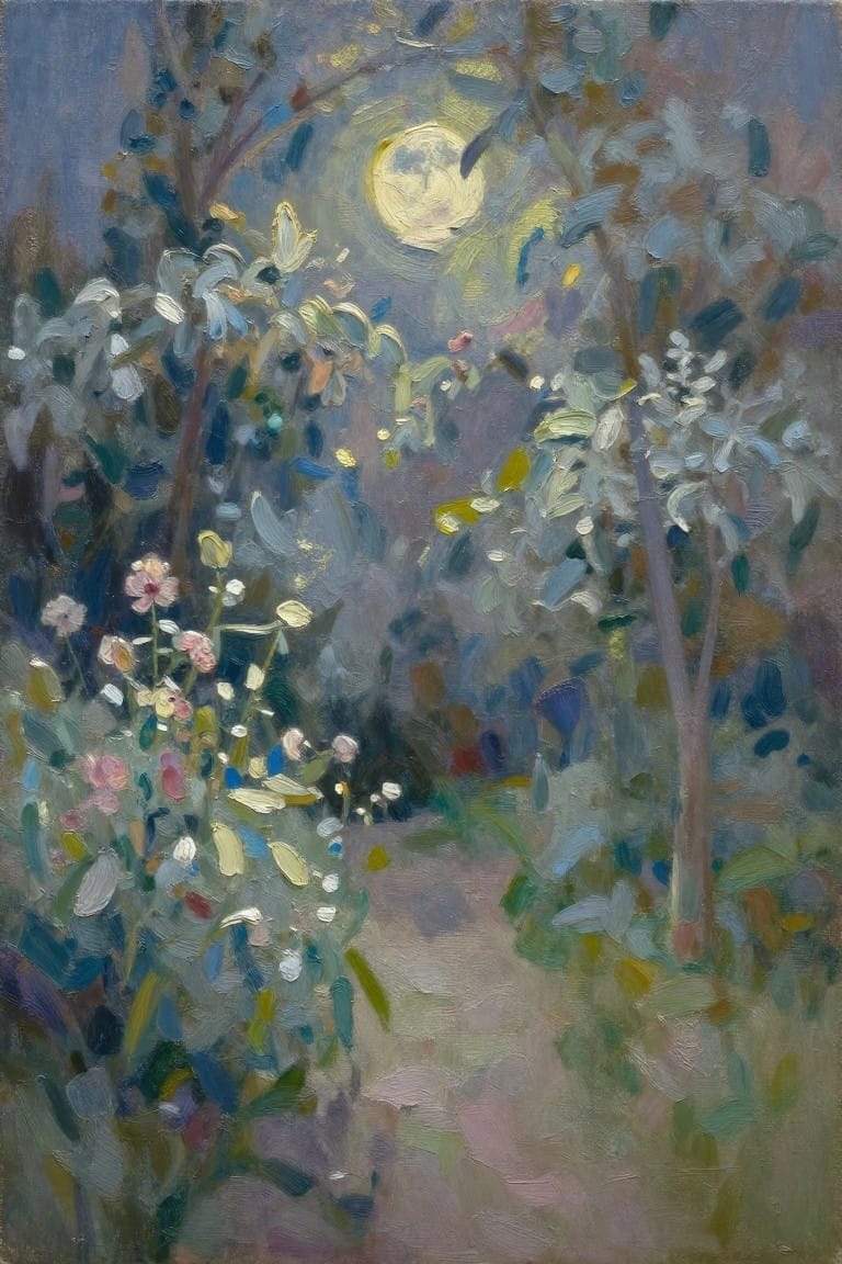 Moonlit garden path lined with colorful flowers and trees under a glowing full moon.