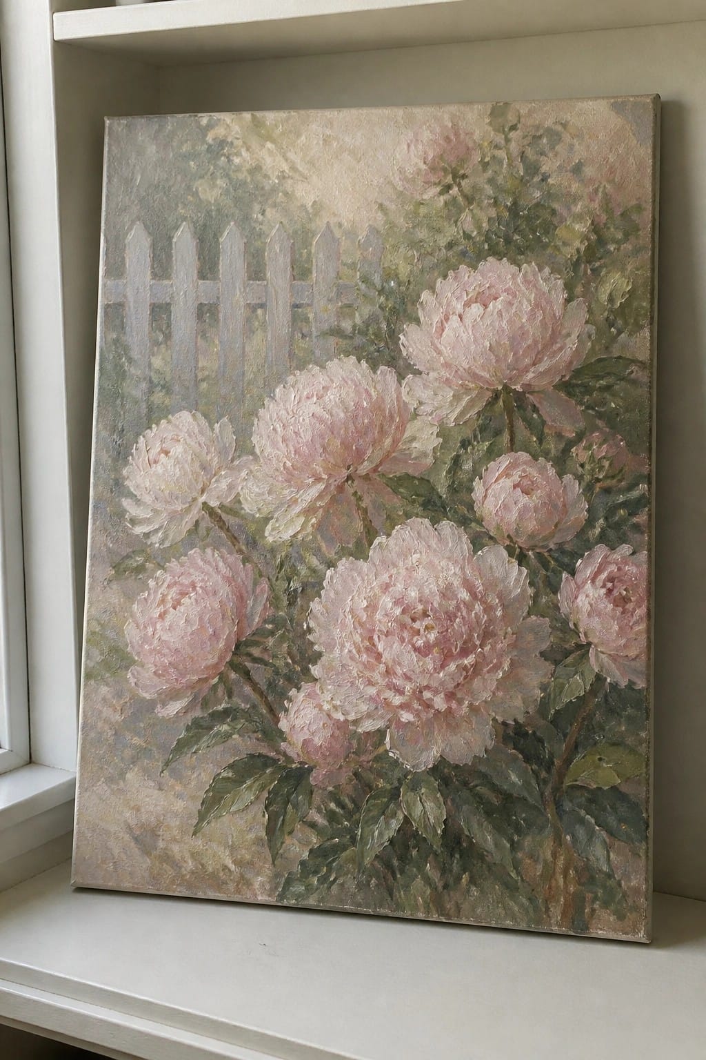 Impressionistic painting of pink peonies blooming before a white picket fence.