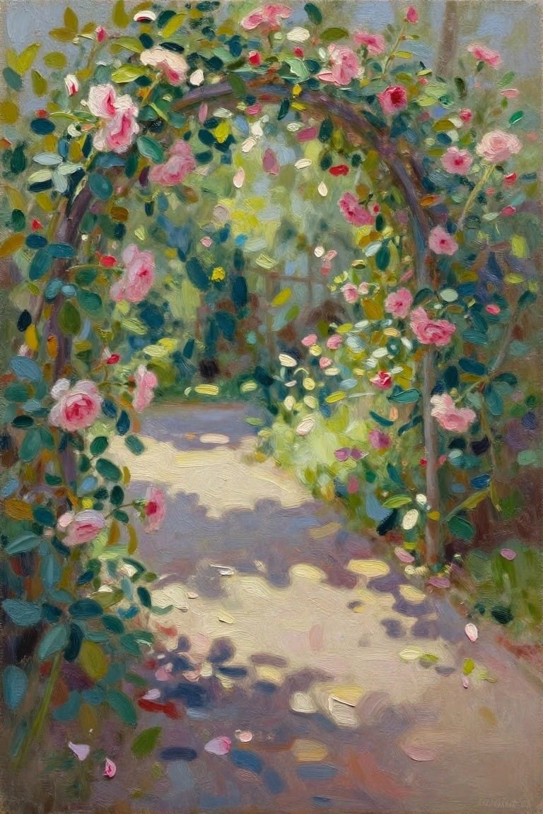 Vibrant painting of sunlit garden path under blooming pink rose arch.