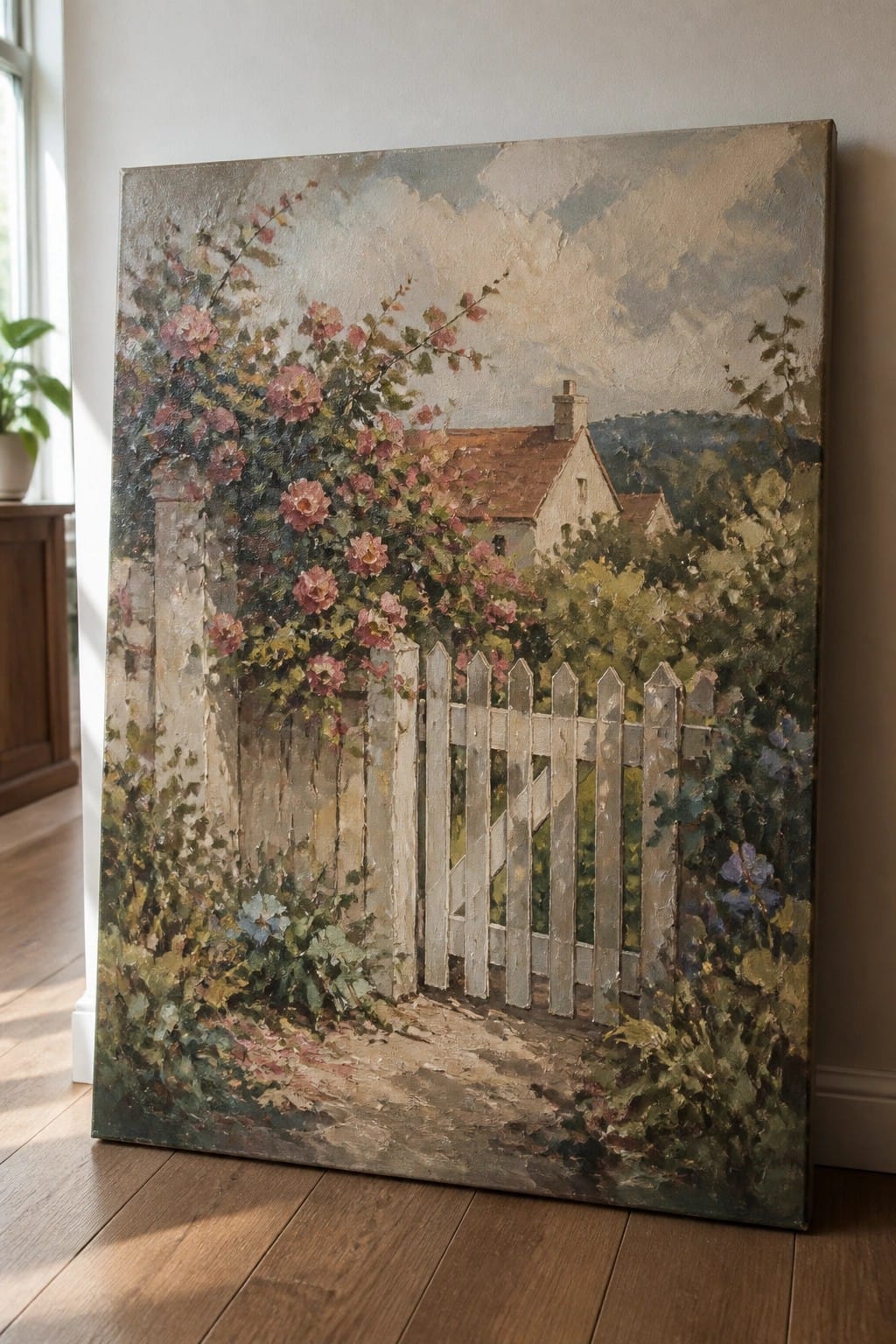 Impressionistic painting of white picket fence with pink roses and garden path to cottage