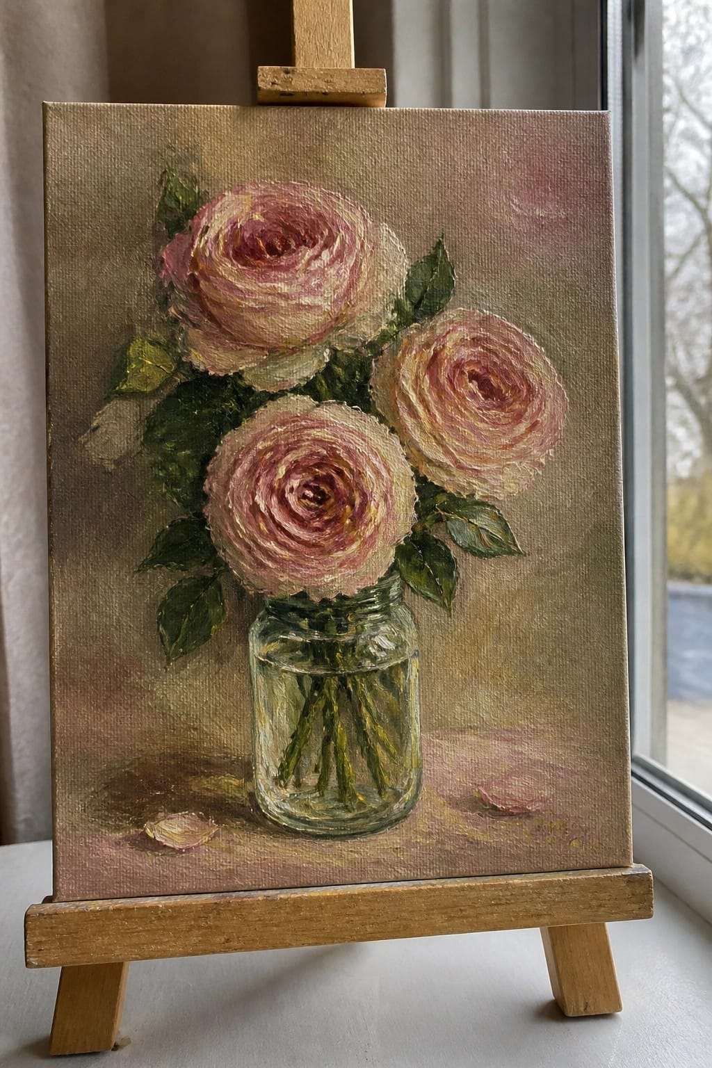 Three pink roses in glass jar painted on canvas atop wooden easel