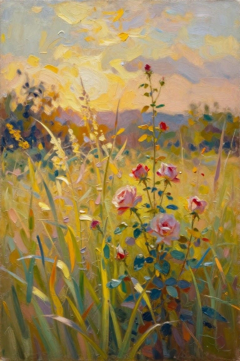 An impressionist oil painting of pink roses growing among tall grasses under a golden sunset sky.