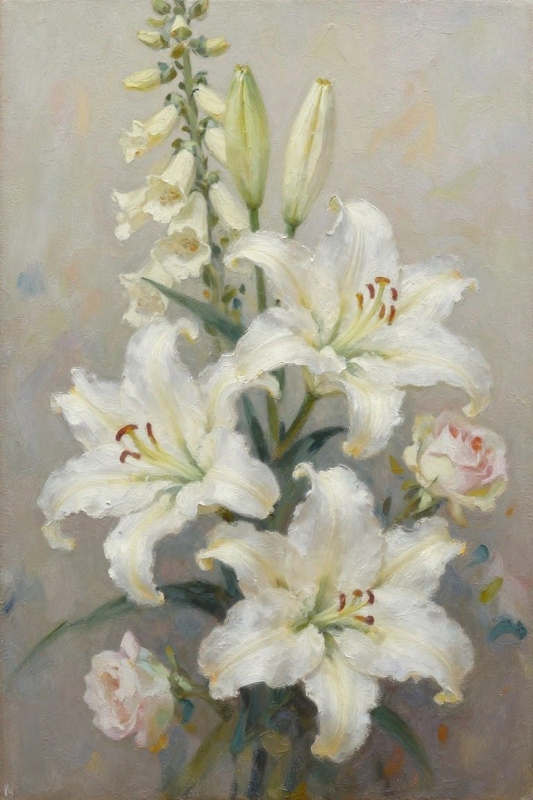 White lilies and pink roses in soft pastel oil painting with brushstrokes
