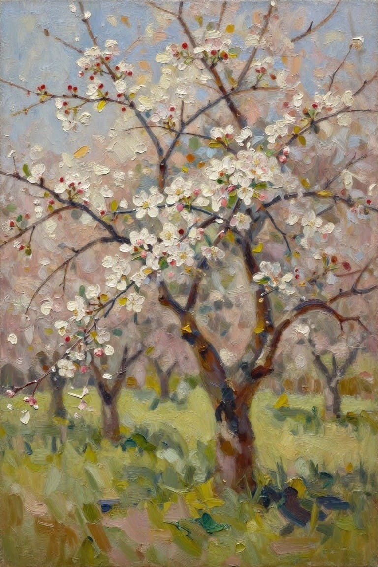 Impressionist painting of a white-blossomed tree with pink buds in a grassy field.