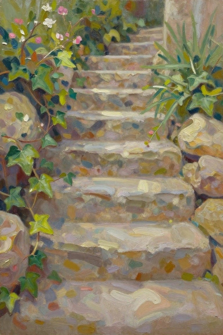 Stone staircase lined with green ivy and pink flowers in oil painting