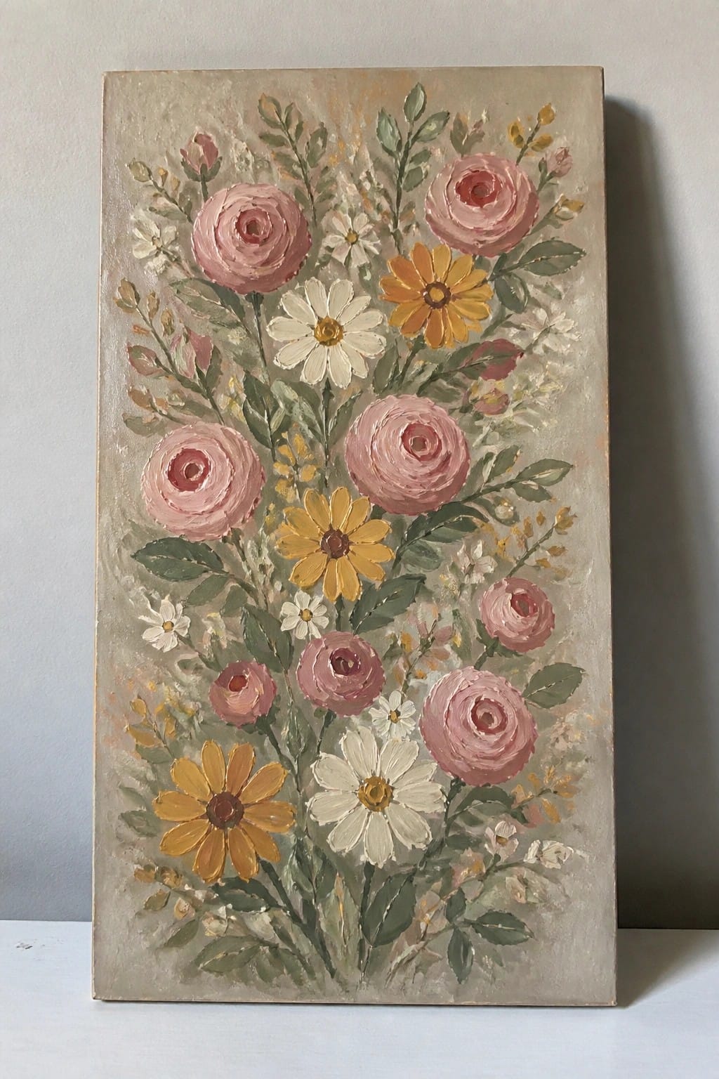 Textured painting of pink roses, white daisies, and yellow flowers with green leaves on beige.