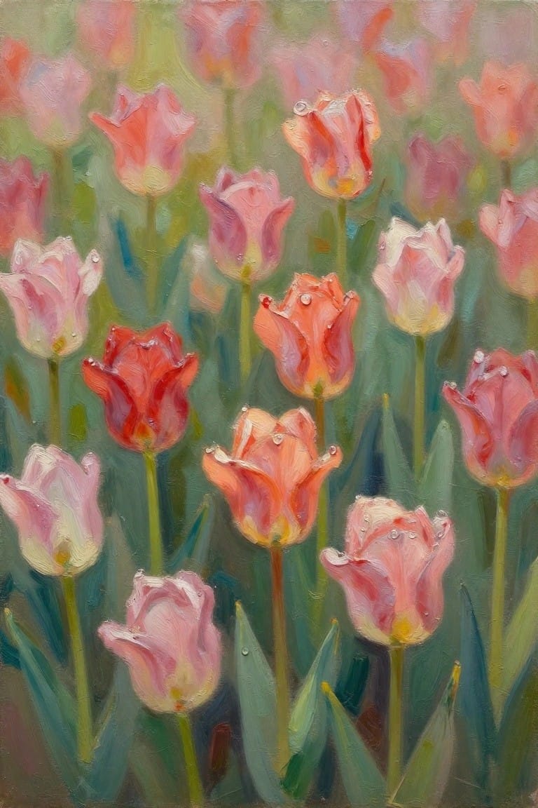Impressionistic oil painting of dew-covered pink and coral tulips in soft green foliage.