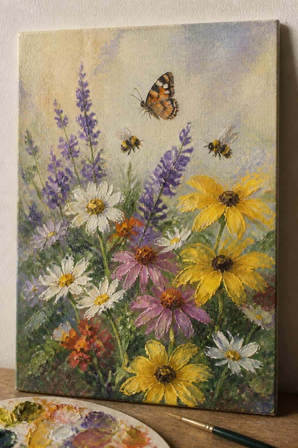 Colorful wildflower painting with white daisies, yellow blooms, bees, butterfly, and palette nearby