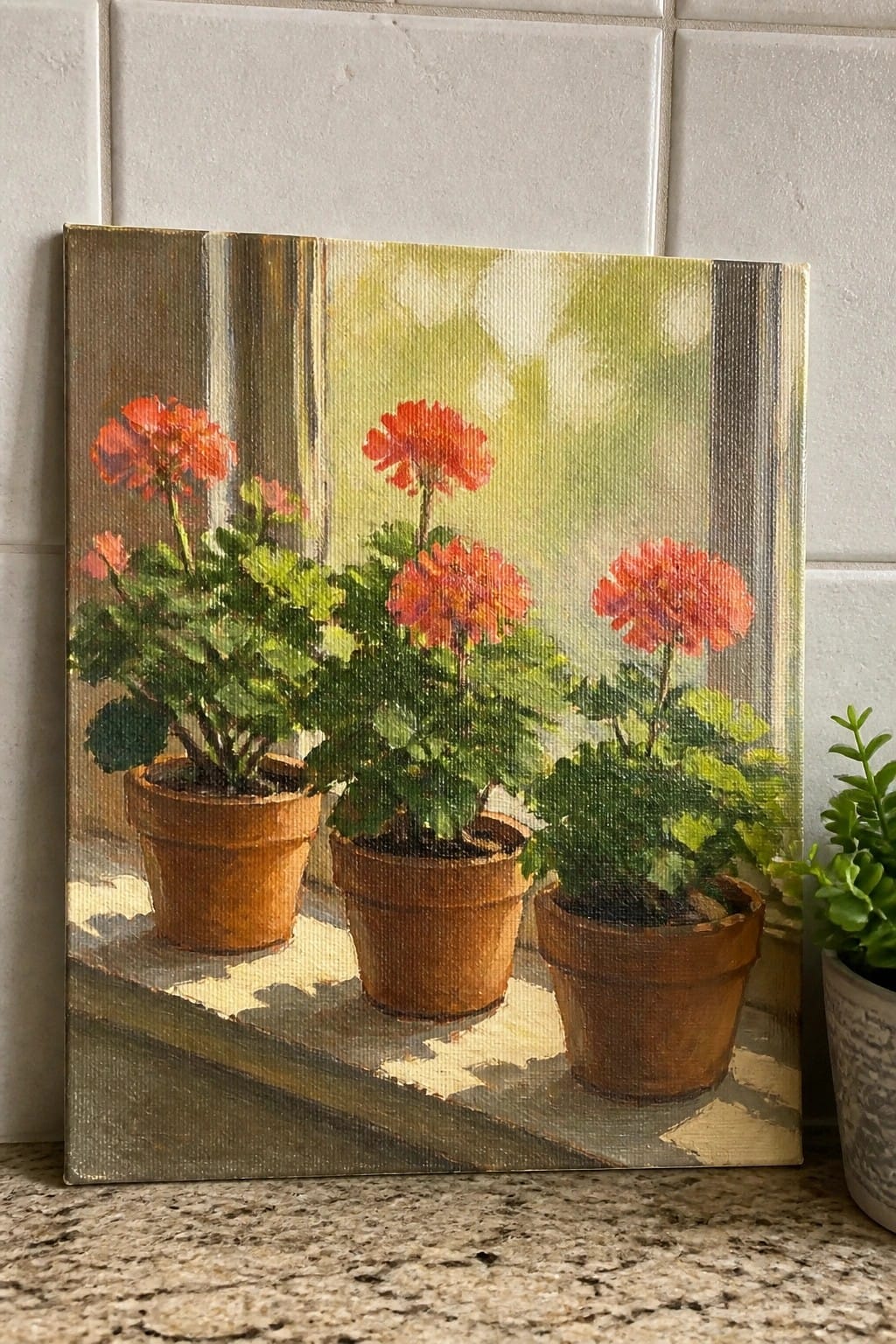 Three red geraniums in terracotta pots on a sunlit windowsill painting
