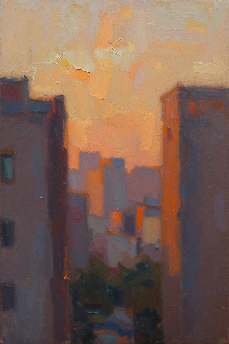 Oil painting of silhouetted city buildings against a glowing orange sunset sky