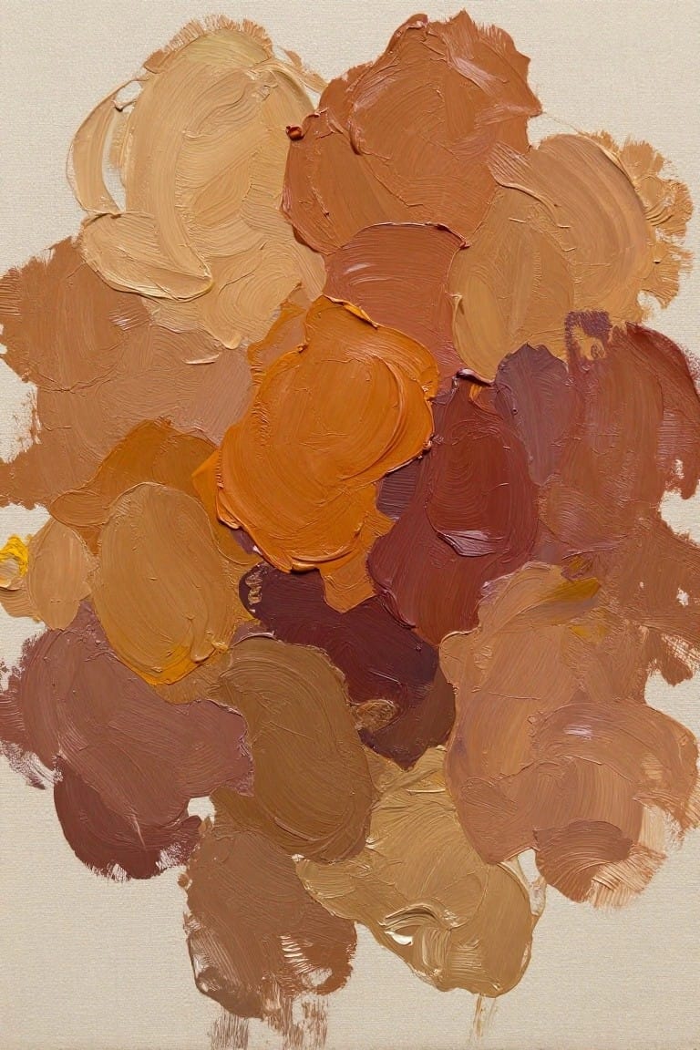 Thick swirling brushstrokes of brown, orange, and burgundy paint on canvas.