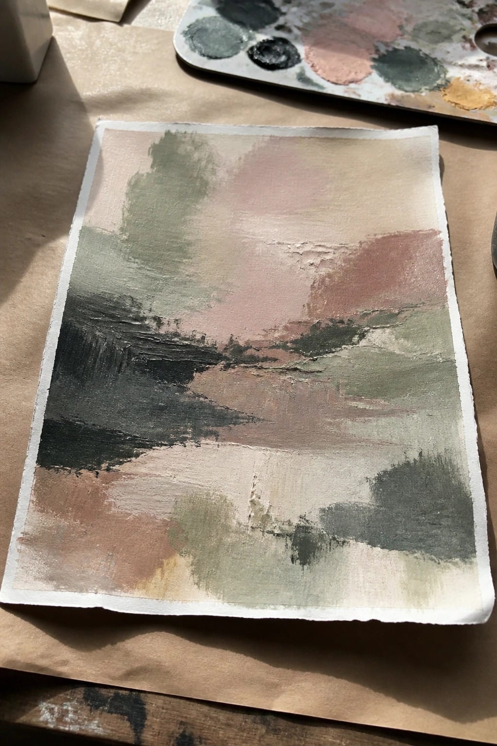 Abstract painting with green, pink, and black brushstrokes on textured paper beside palette.