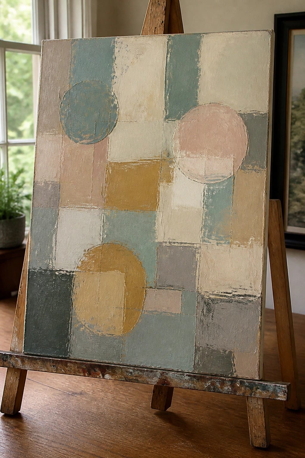 Abstract painting with muted circles and rectangles on wooden easel indoors