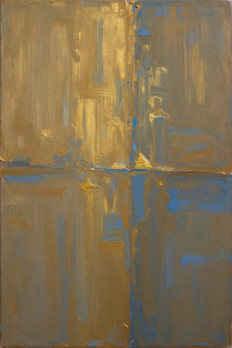 Abstract painting with thick gold, brown, and blue brushstrokes in a divided grid composition.