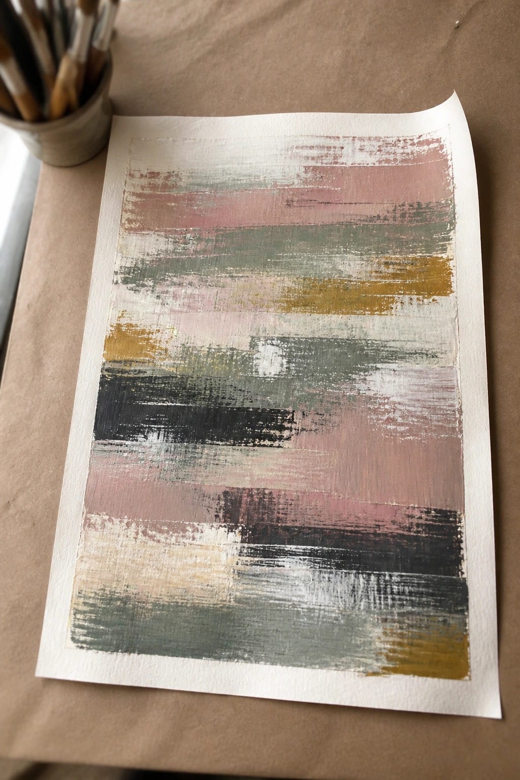 Abstract painting with horizontal brushstrokes in pink, green, yellow, and black beside paintbrushes.