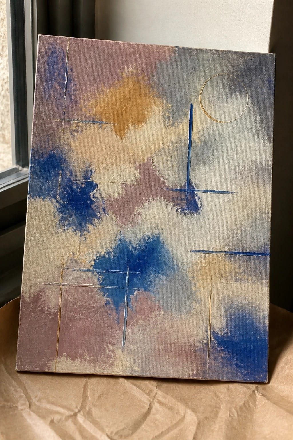 Abstract canvas with blue-purple splashes, gold lines, intersecting strokes, and faint circle.