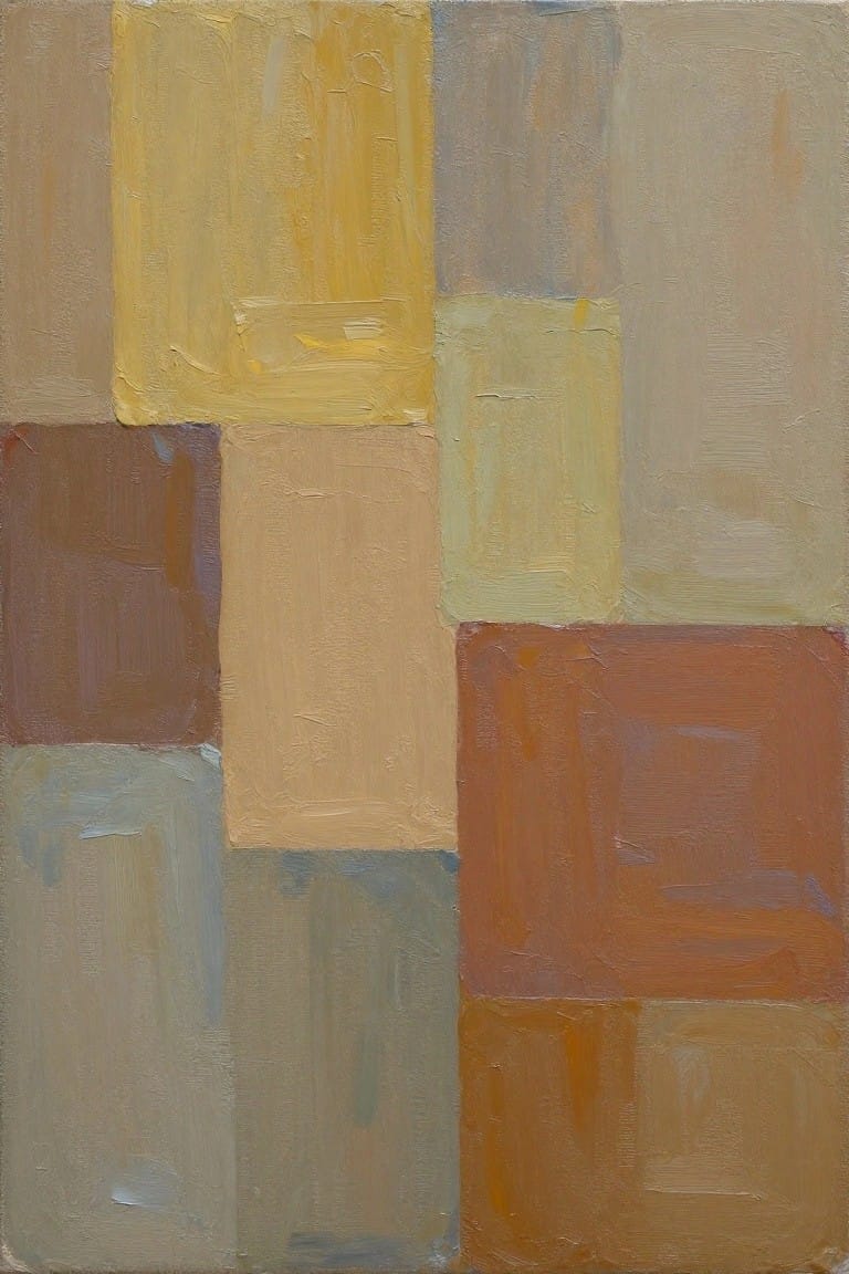 Abstract painting of overlapping rectangles in yellow, brown, orange, and gray with visible brushstrokes.