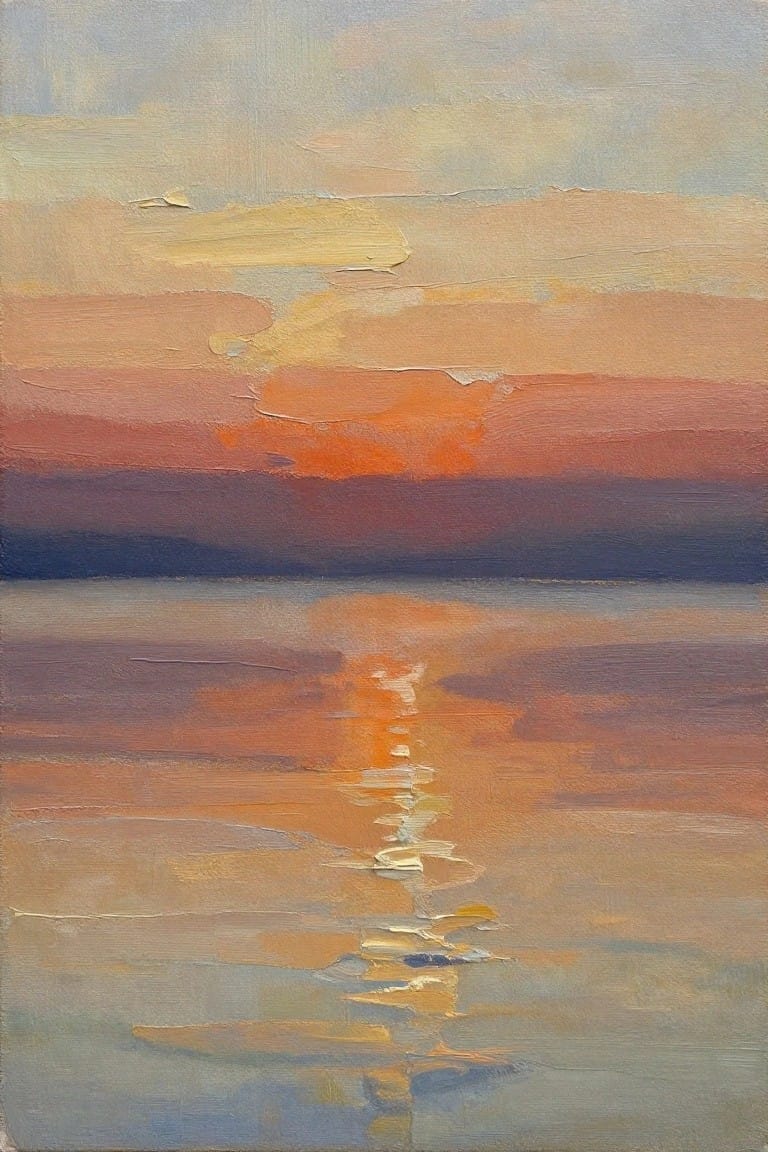 Impressionistic sunset painting with vibrant orange reflection on calm layered water.
