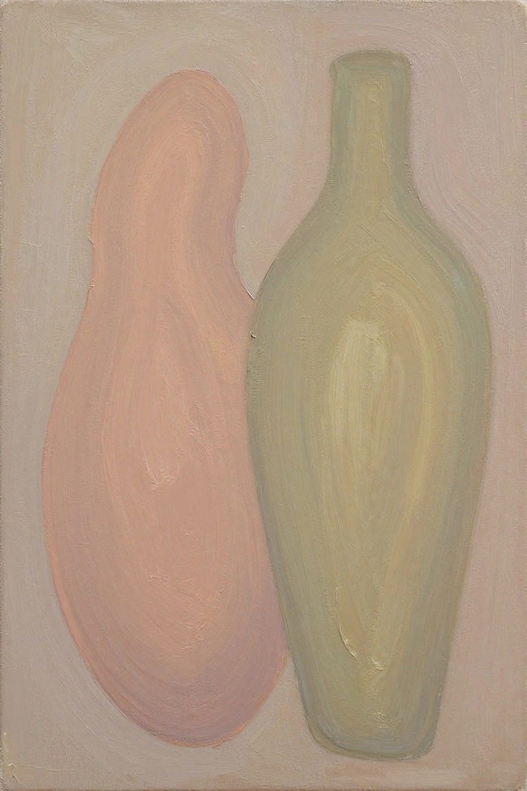 Abstract painting of two vase-like forms, one peach and one muted green, on beige background.