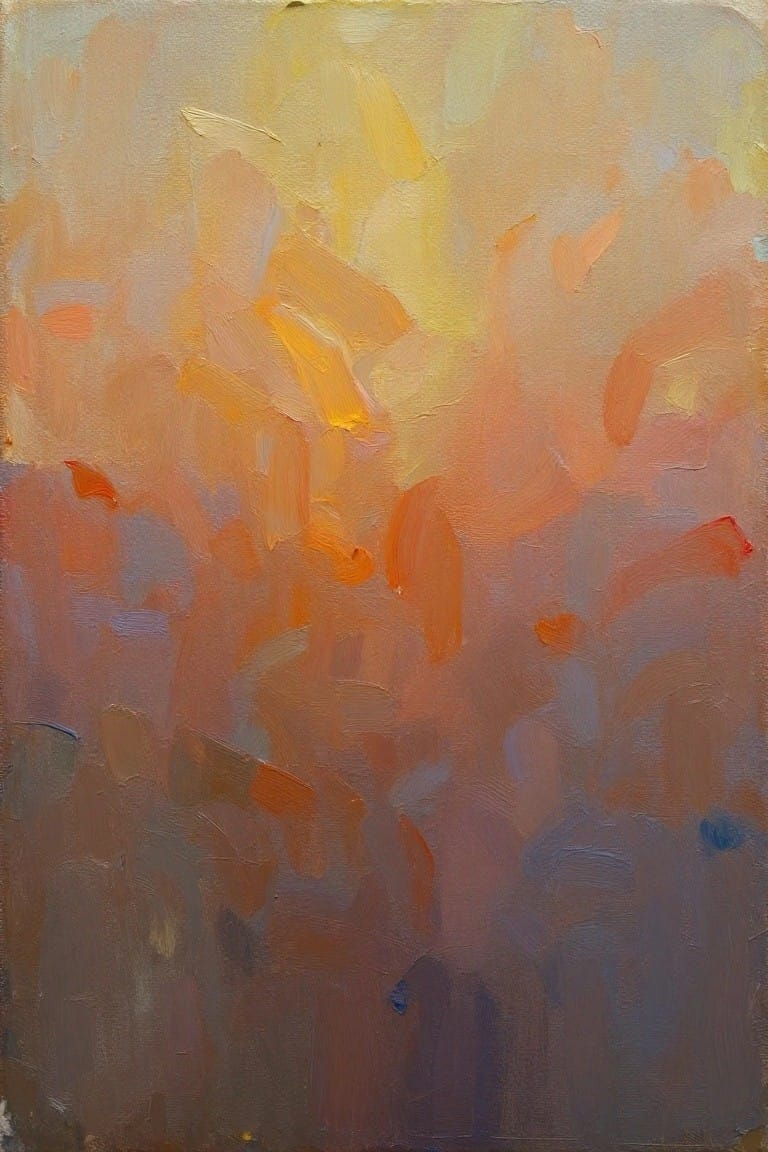 Abstract painting with thick, vibrant brushstrokes in warm orange, yellow, and brown tones.