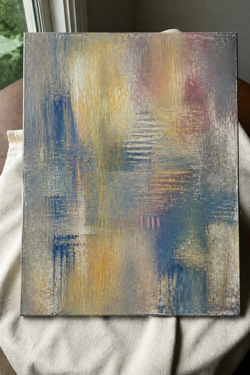 Abstract painting with textured blue, yellow, and gray brushstrokes on canvas over white cloth.