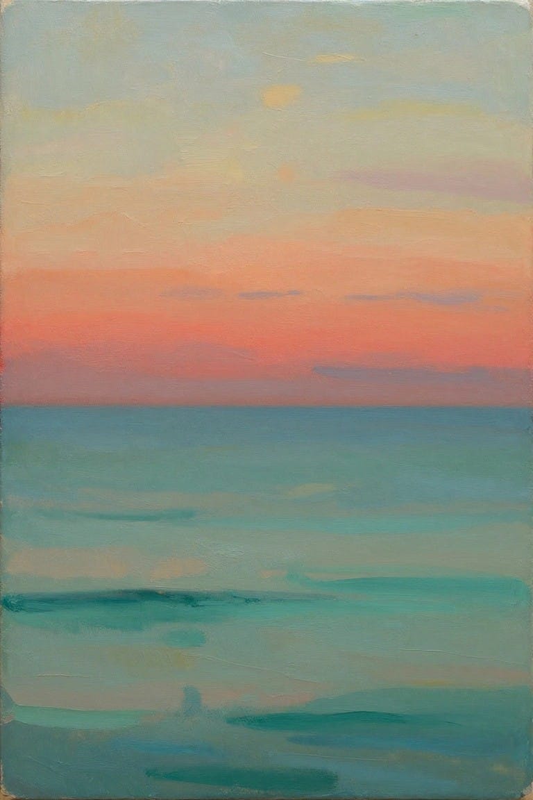 Impressionist seascape with gentle teal waves beneath a vibrant orange-pink sunset sky