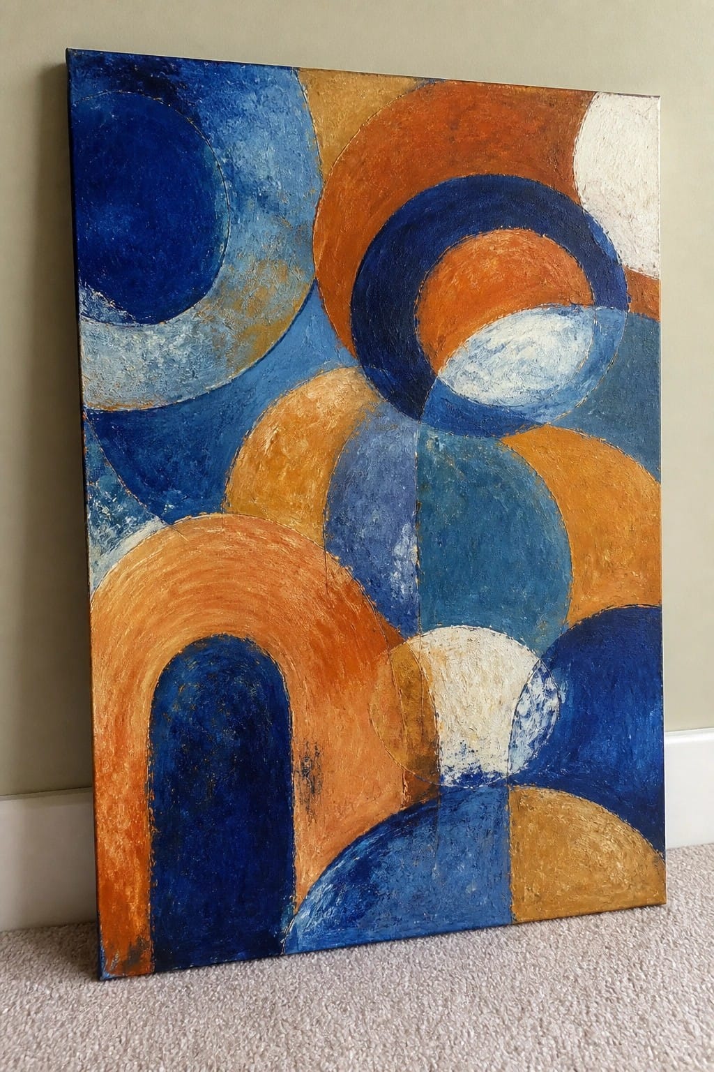 Abstract painting of overlapping blue, orange, and white circles leaning on wall.