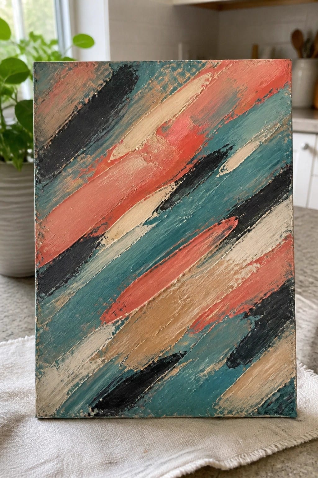 Abstract canvas with bold diagonal brushstrokes in coral, teal, black, and beige