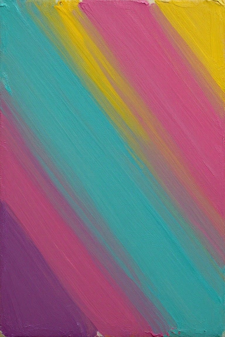 Abstract painting with bold diagonal brushstrokes in turquoise, pink, yellow, and purple