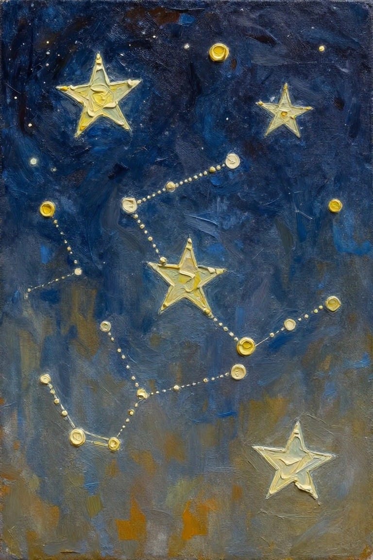 Thickly textured painting of golden stars and constellations on a dark blue night sky.