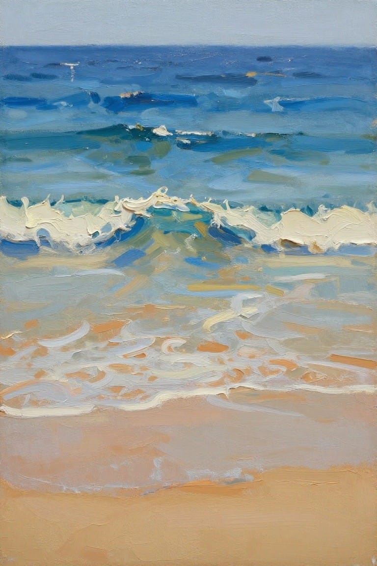 Impressionistic painting of blue ocean waves with white foam on sandy shore.