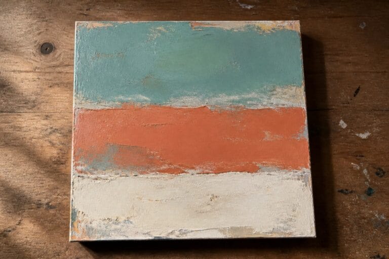 Abstract painting with horizontal bands of teal, orange, and off-white on wood