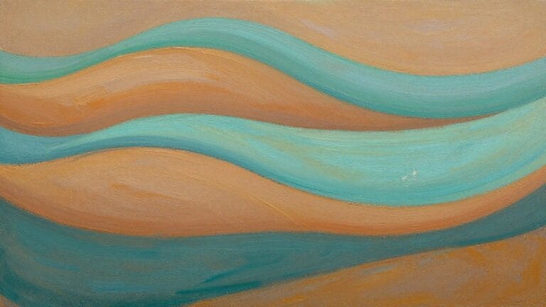 Abstract painting with curving teal bands on textured orange background