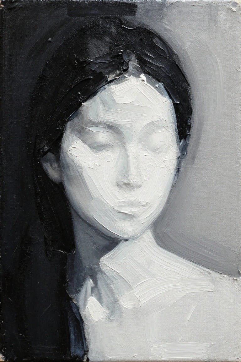 An oil painting of a woman's face and neck rendered in white, gray, and black tones with visible brushstrokes against a dark background.
