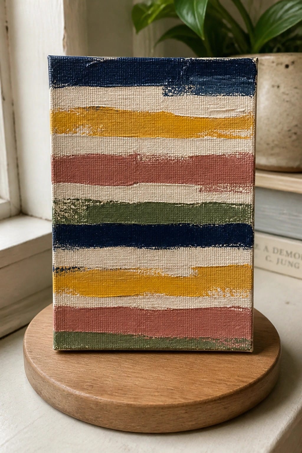 Striped abstract canvas in navy, yellow, terracotta, and green on round wooden base