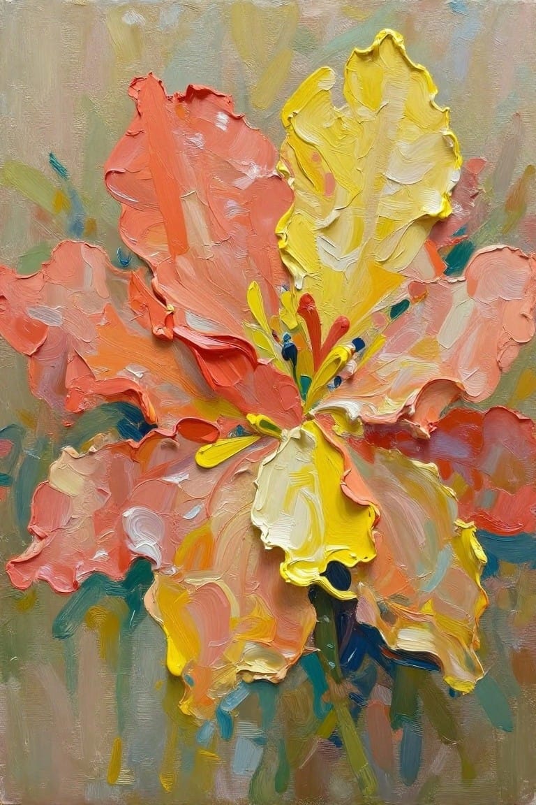 Impasto painting of vibrant coral, orange, and yellow flowers with thick brushstrokes.