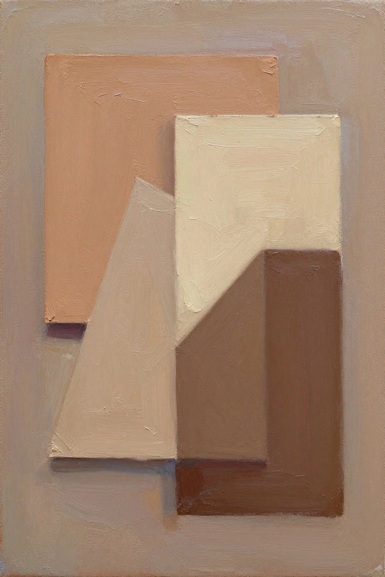 Abstract painting of overlapping geometric shapes in muted peach, beige, and brown tones.