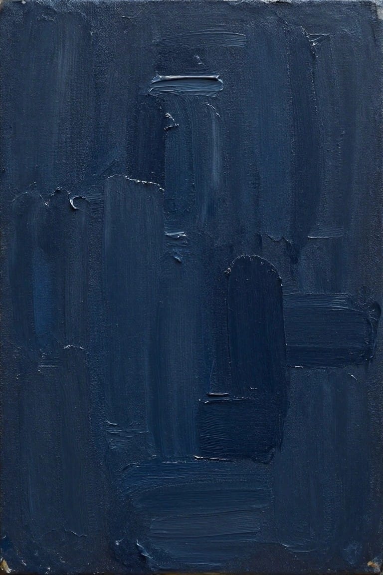 Dark blue abstract painting with thick impasto brushstrokes forming vertical forms
