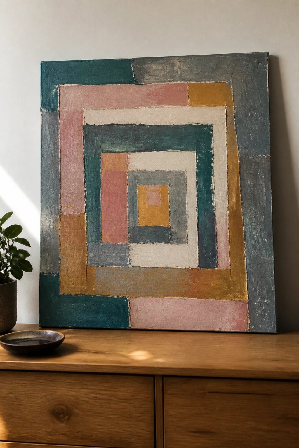 Abstract painting of nested squares in teal, pink, and gold on wooden dresser with plant