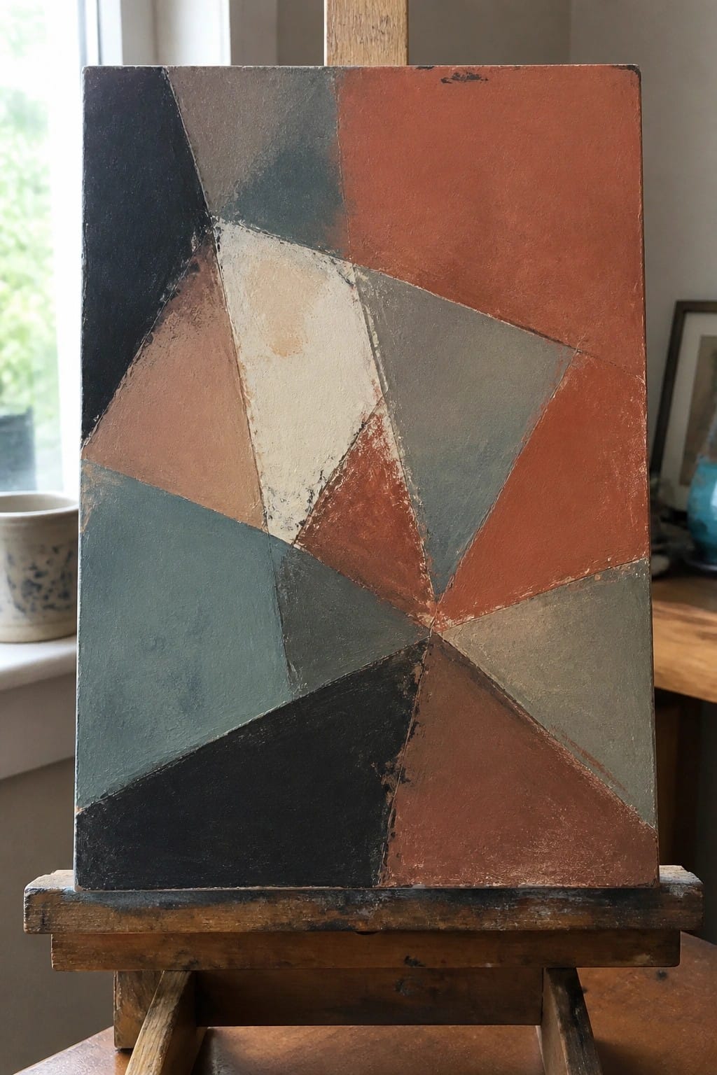 Abstract geometric painting with angular shapes in earthy tones on wooden easel