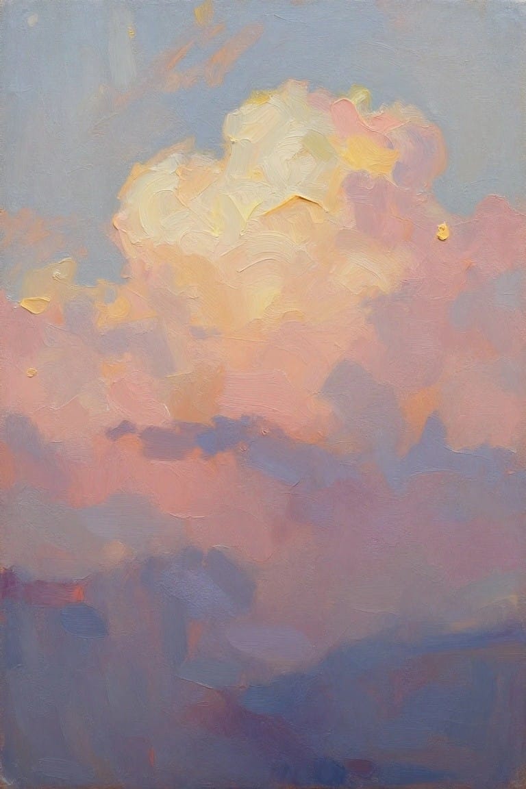 Impasto oil painting of voluminous clouds glowing in pink, yellow, and orange hues