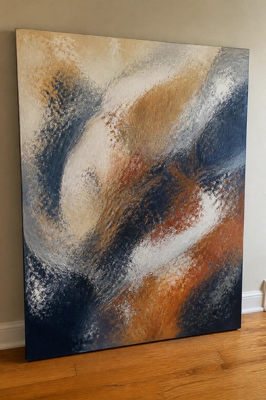Large abstract painting with swirling blue, brown, white and beige brushstrokes leaning on floor