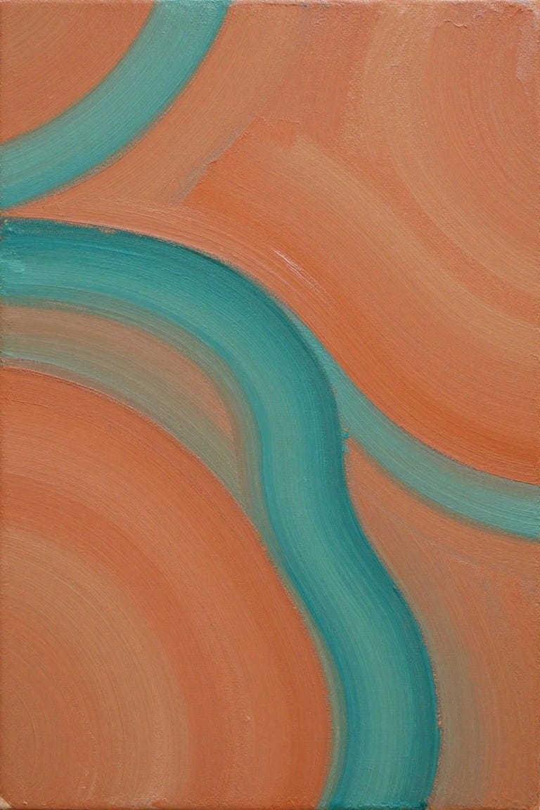 Abstract painting with curving teal bands on textured orange background