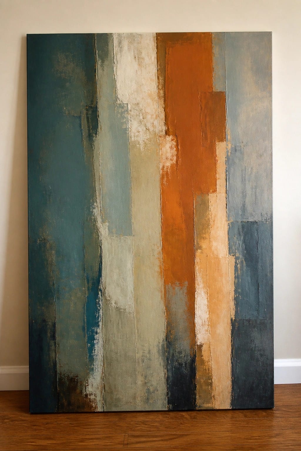 Abstract painting with vertical stripes in teal, orange, gray, and white on canvas