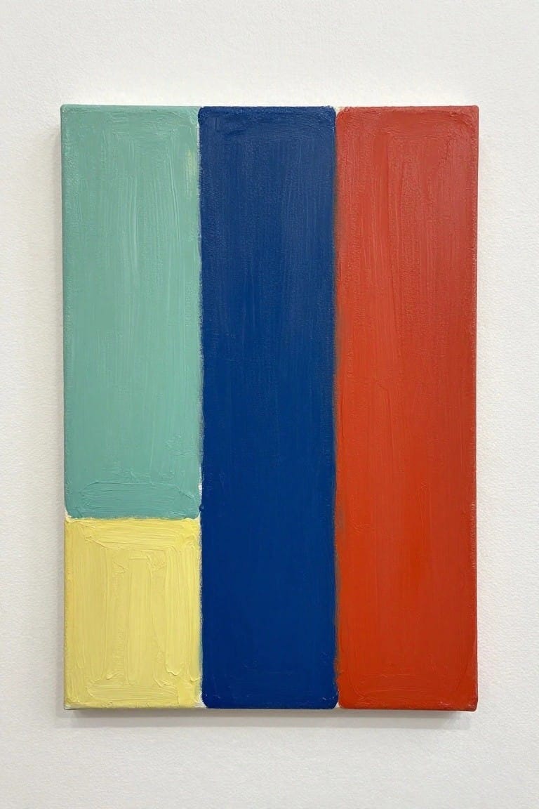 Abstract painting with vertical blocks of green, yellow, blue, and red.