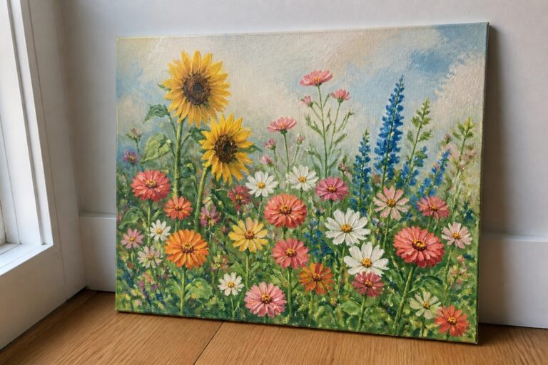 19 Inspiring Summer Garden Oil Painting Ideas Full of Flowers and Texture Vibrant oil painting of sunflowers, zinnias and daisies by white picket fence